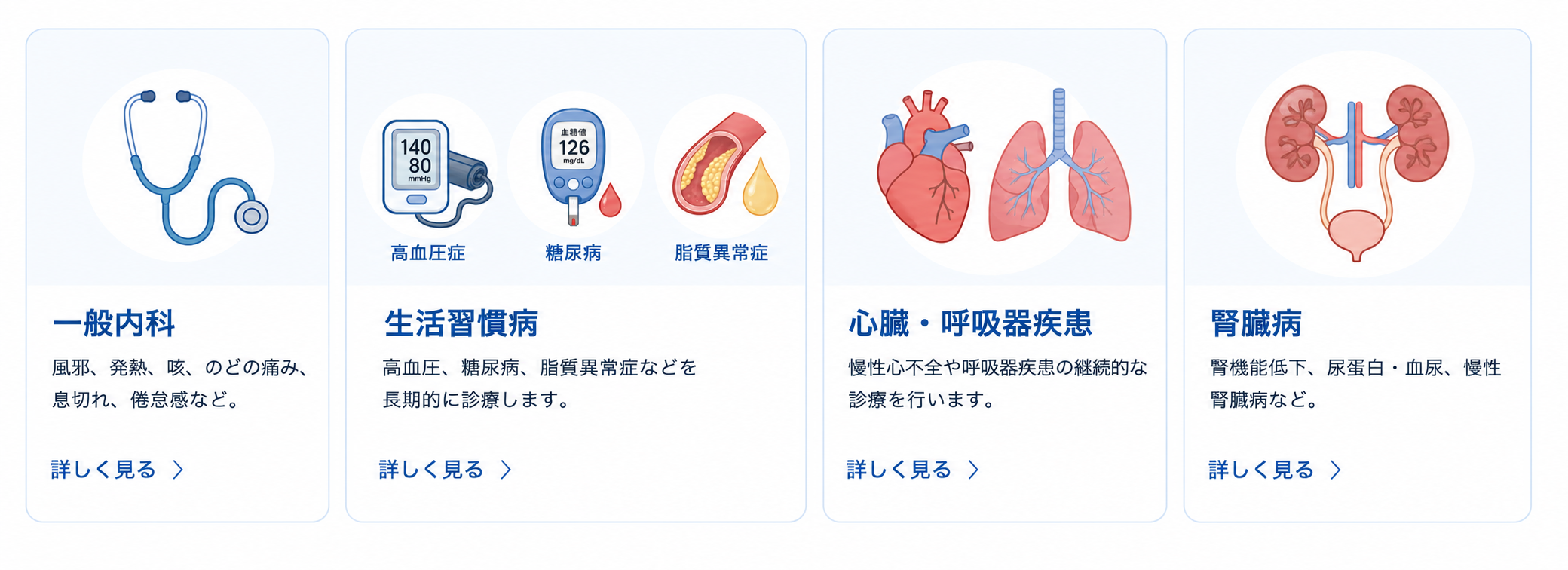 一般内科、生活習慣病、心臓・呼吸器疾患、腎臓病